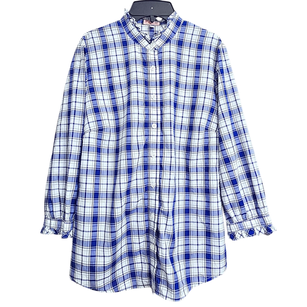 Thomas Pink Cotton Blue & White Plaid Ruffle Cuff Button Down Preppy Blouse 12